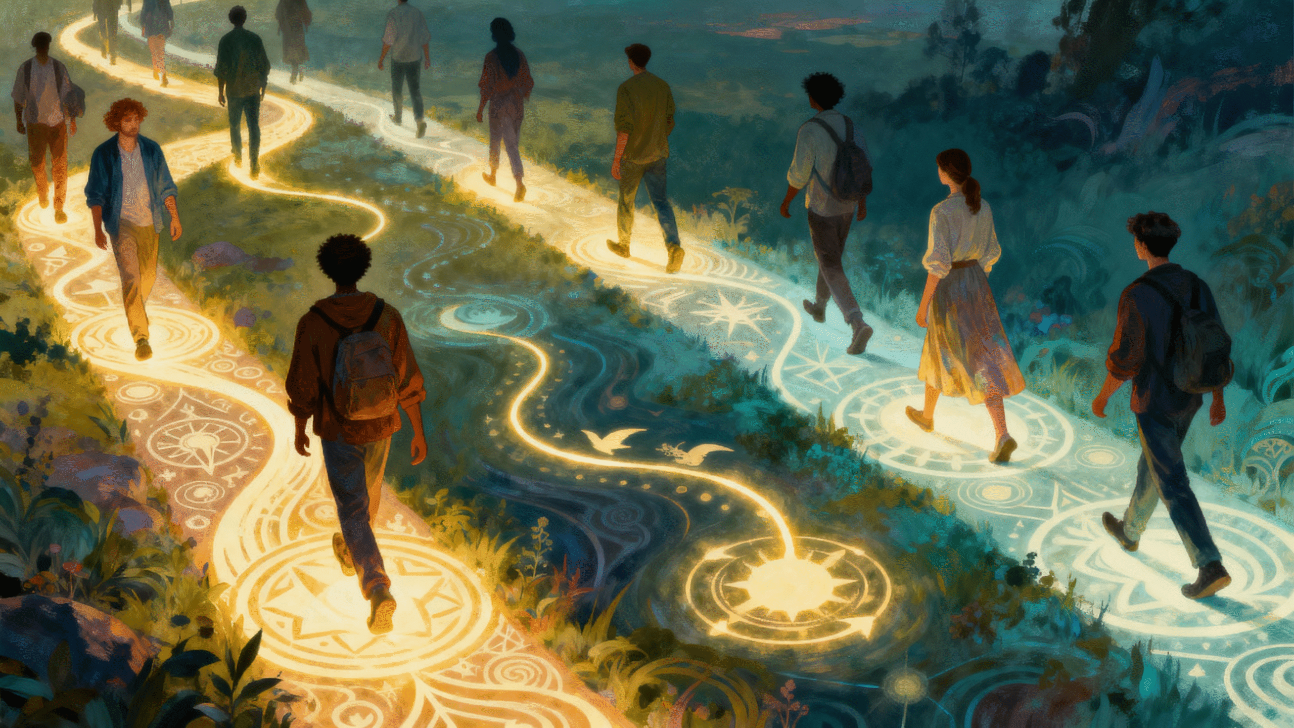 A dynamic scene depicting diverse individuals walking different paths illuminated by symbolic paths of light, representing their unique challenges. Each path underscores the current position and future vision of each persona. The atmosphere is charged with a sense of hope and uncertainty, conveyed through a blend of vibrant and muted colors. The scene captures the essence of shared challenges and diverse journeys, with various individuals at different stages along their paths, showing a harmonious balance of progression and introspection.